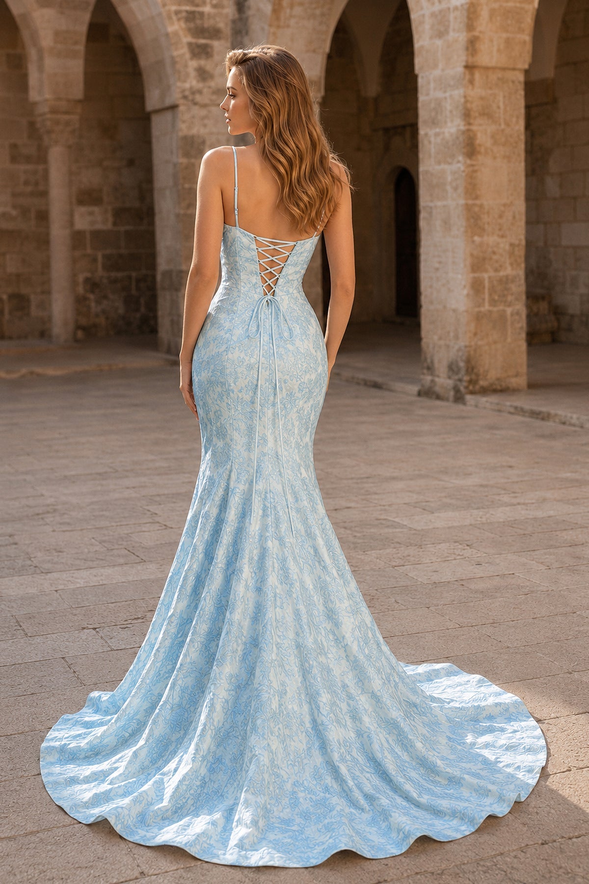 Spaghetti Straps Mermaid Floral Printed Prom Dress With Split - Curvevia