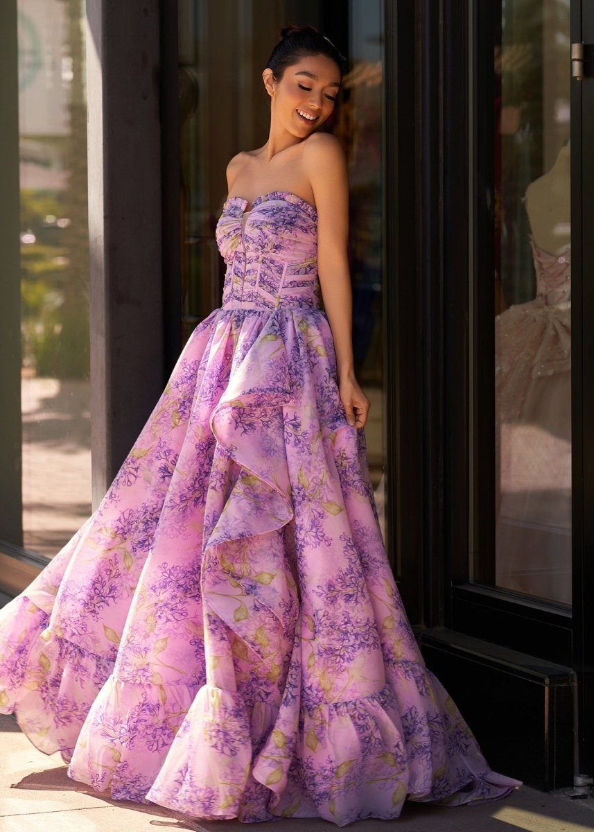 Lilac A-Line Corset Detachable Strapless Floral Long Wedding Guest Dress - Curvevia
