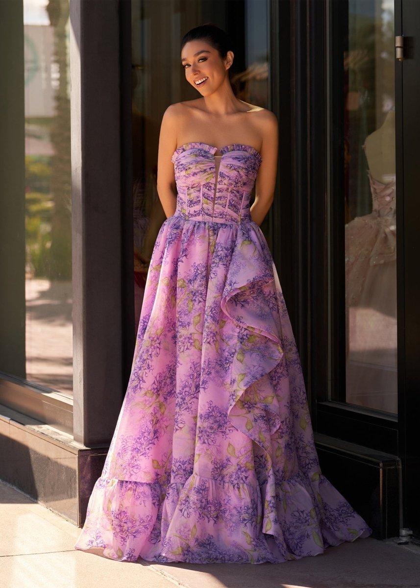 Lilac A-Line Corset Detachable Strapless Floral Long Wedding Guest Dress - Curvevia