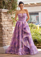 Lilac A-Line Corset Detachable Strapless Floral Long Wedding Guest Dress - Curvevia