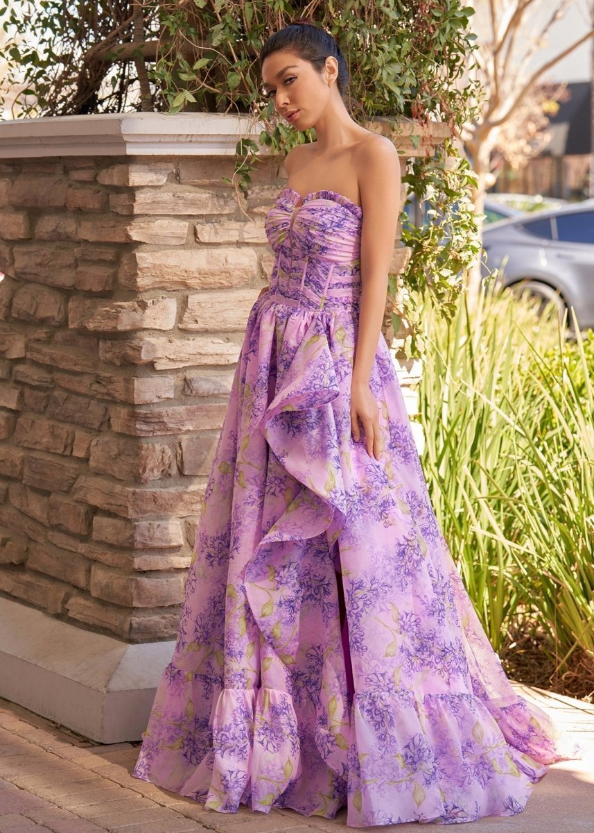 Lilac A-Line Corset Detachable Strapless Floral Long Wedding Guest Dress - Curvevia