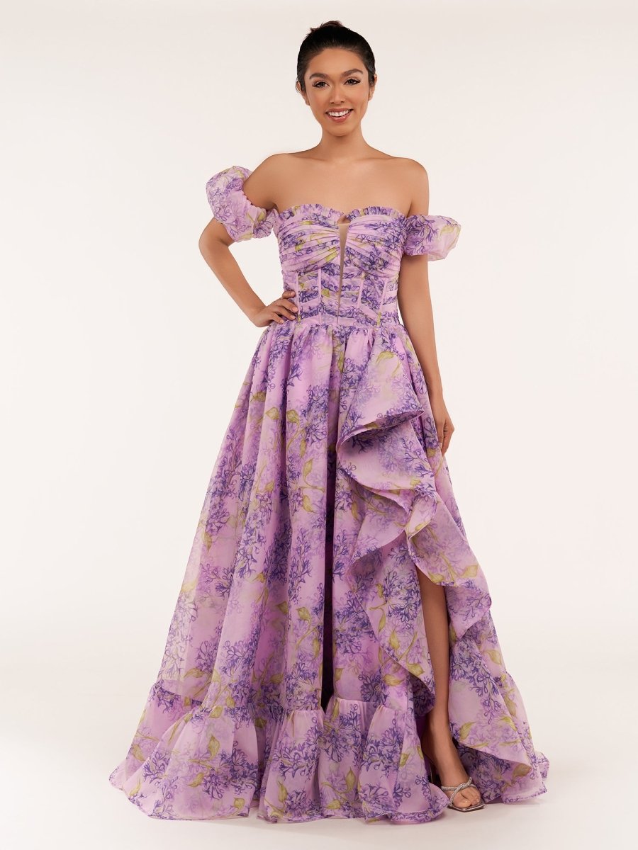 Lilac A-Line Corset Detachable Strapless Floral Long Wedding Guest Dress - Curvevia