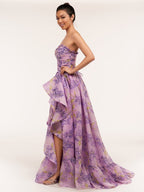 Lilac A-Line Corset Detachable Strapless Floral Long Wedding Guest Dress - Curvevia