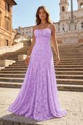 Pink A-Line Lace Floral Spaghetti Straps Long Prom Dresses - Curvevia