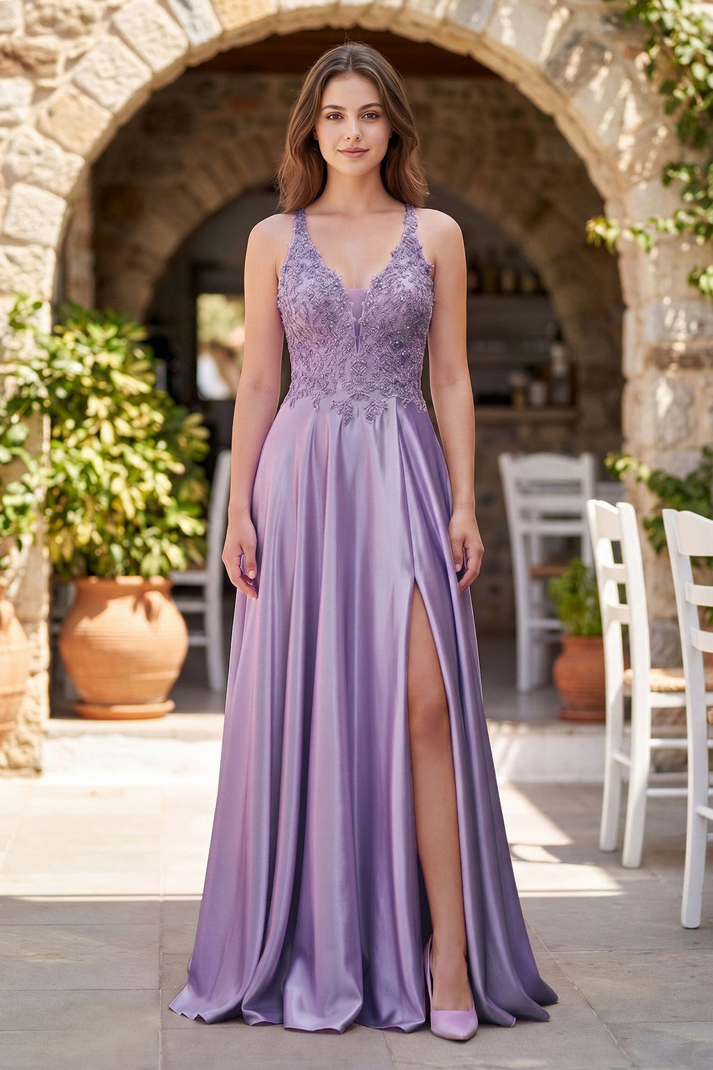 A-Line V-Neck Satin Mother of the Bride Dress with Slit - Curvevia