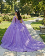 Lilac Ball-Gown Tulle Quinceanera Dresses 3D Flowers With Cape - Curvevia