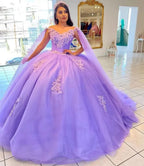 Lilac Ball-Gown Tulle Quinceanera Dresses 3D Flowers With Cape - Curvevia