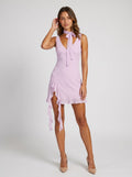 Lilac Chiffon Sheath V-Neck Side Zip Short Dress with Ruffle Trim - Curvevia