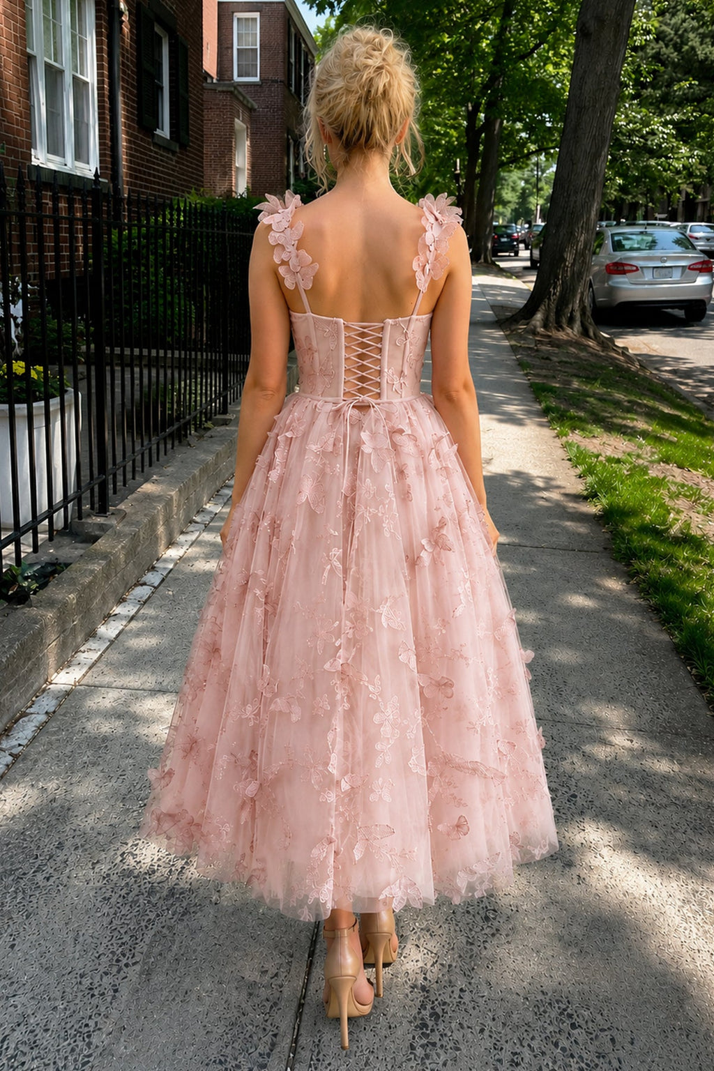 Aline Tulle Midi Evening Dress with 3D Butterflies - Curvevia