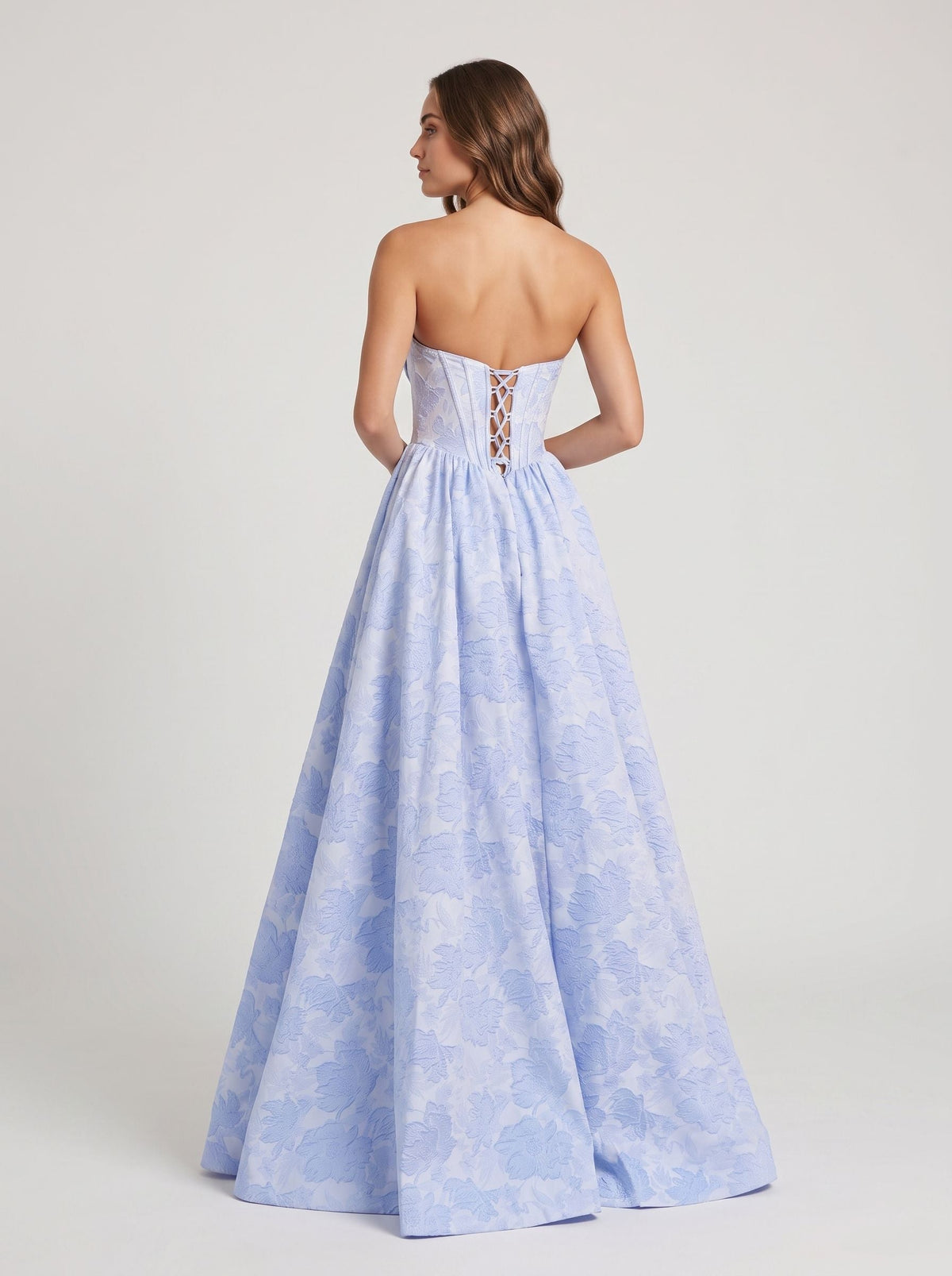 Purple Floral Jacquard A-Line Sweetheart Corset Back Floor-Length Dress with Basque Waistline - Curvevia