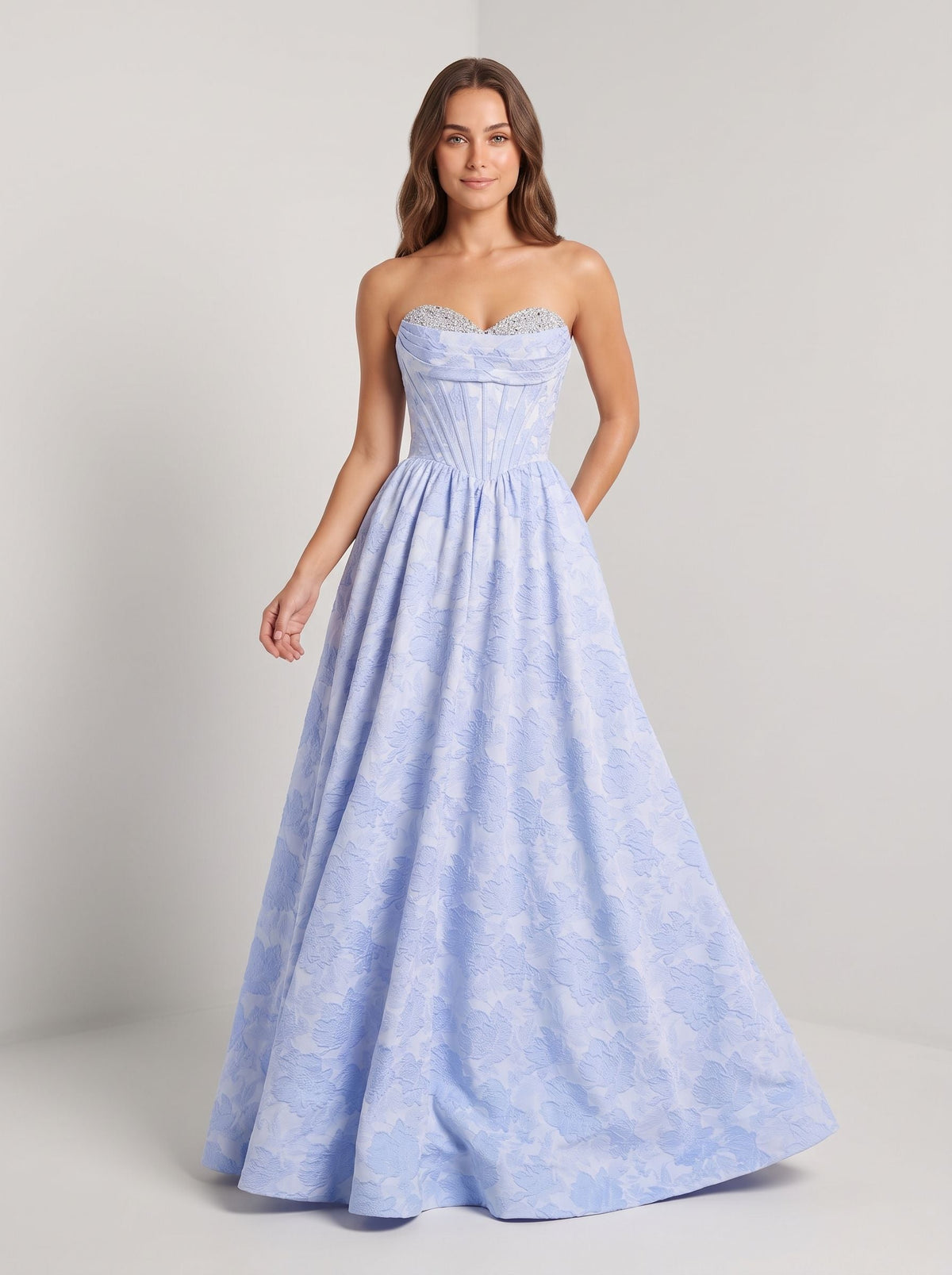 Purple Floral Jacquard A-Line Sweetheart Corset Back Floor-Length Dress with Basque Waistline - Curvevia