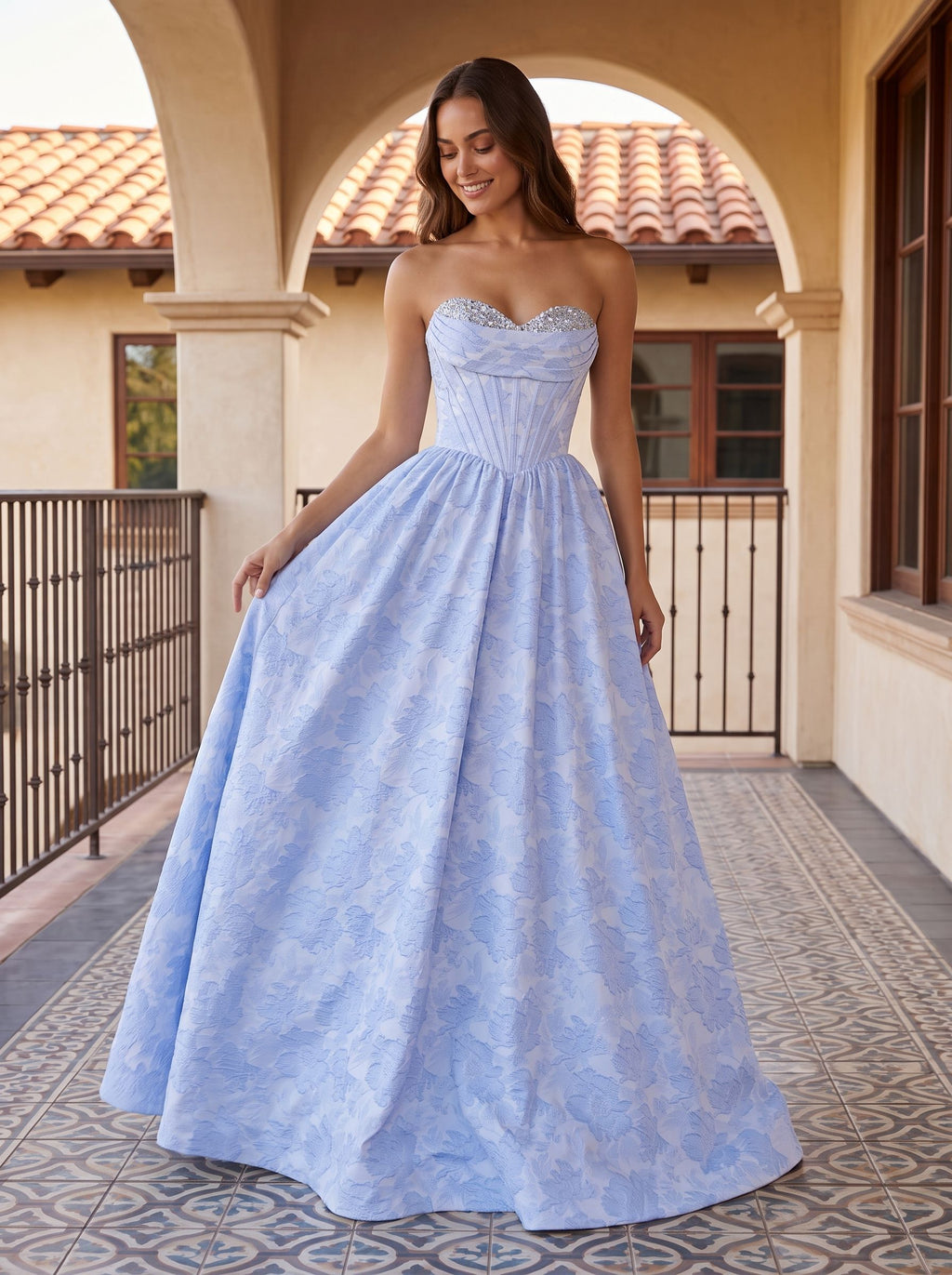 Purple Floral Jacquard A-Line Sweetheart Corset Back Floor-Length Dress with Basque Waistline - Curvevia