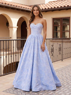 Purple Floral Jacquard A-Line Sweetheart Corset Back Floor-Length Dress with Basque Waistline - Curvevia