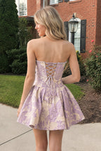 Blue Flower Jacquard Strapless A-Line Bowknot Homecoming Dress With Pearl - Curvevia