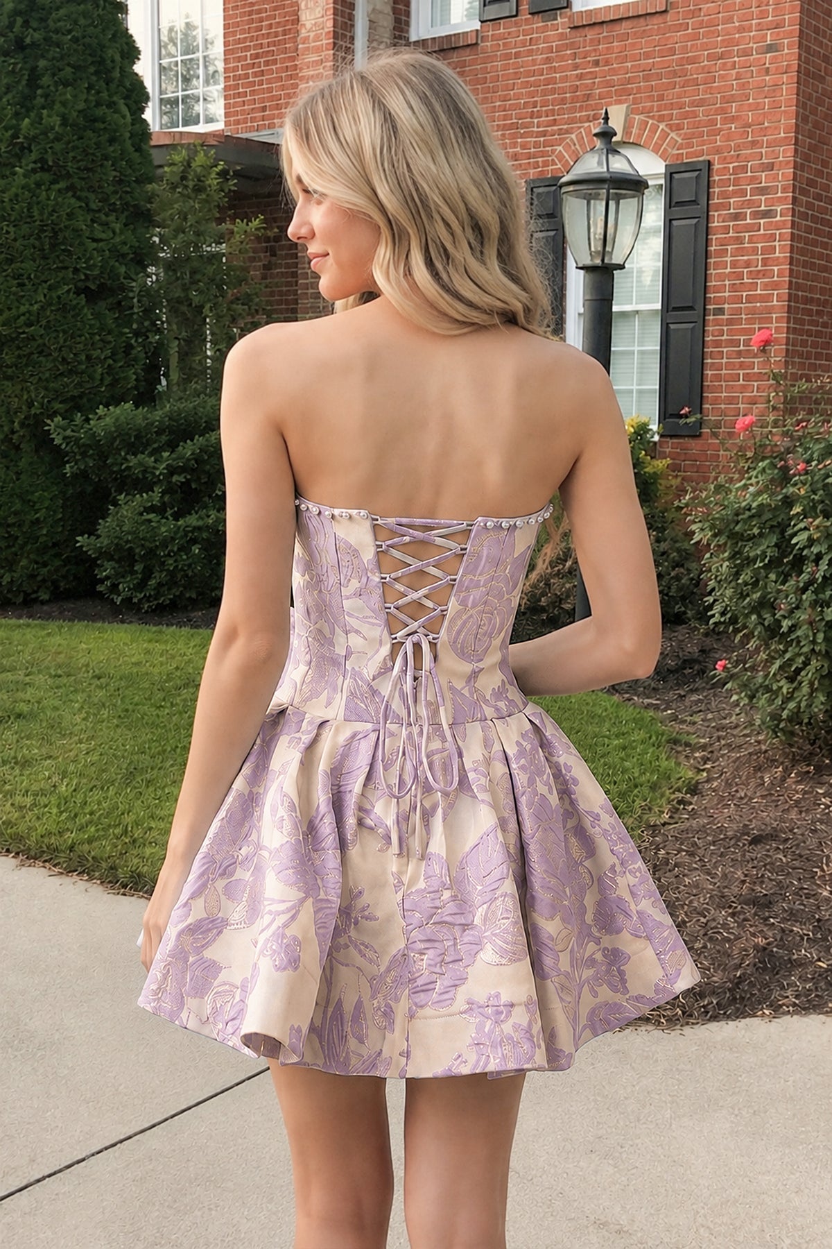 Blue Flower Jacquard Strapless A-Line Bowknot Homecoming Dress With Pearl - Curvevia