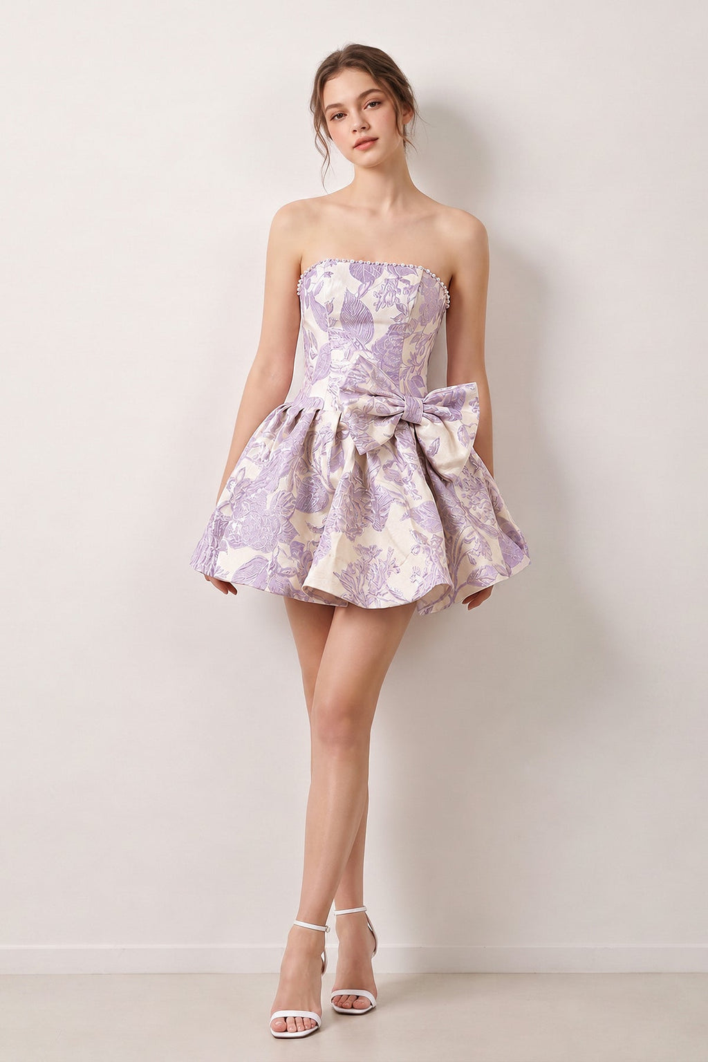 Blue Flower Jacquard Strapless A-Line Bowknot Homecoming Dress With Pearl - Curvevia