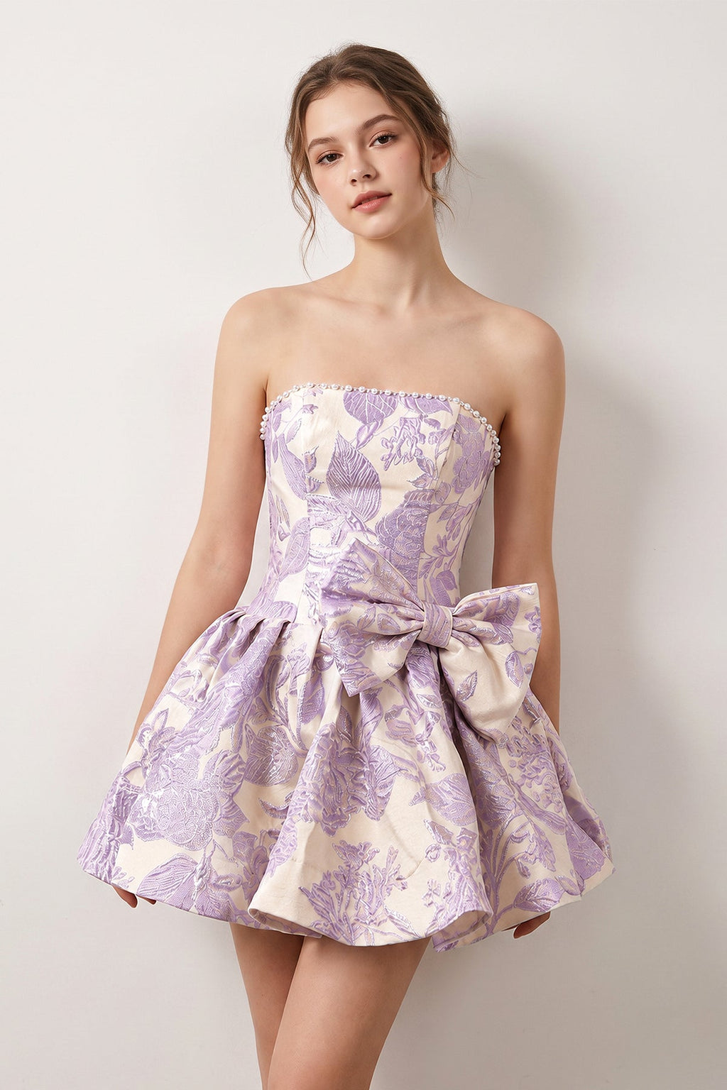 Blue Flower Jacquard Strapless A-Line Bowknot Homecoming Dress With Pearl - Curvevia