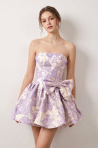 Blue Flower Jacquard Strapless A-Line Bowknot Homecoming Dress With Pearl - Curvevia