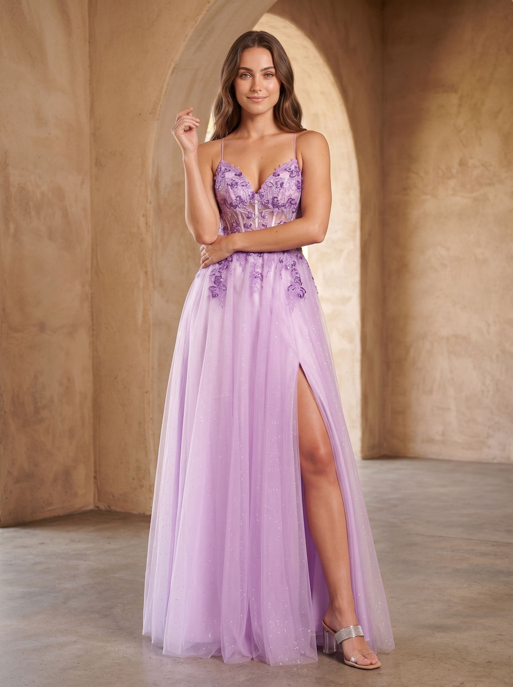 Lilac Tulle A-Line Sweetheart Lace-up Floor-Length Dress with Embroidered Corset - Curvevia