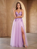 Lilac Tulle A-Line Sweetheart Lace-up Floor-Length Dress with Embroidered Corset - Curvevia
