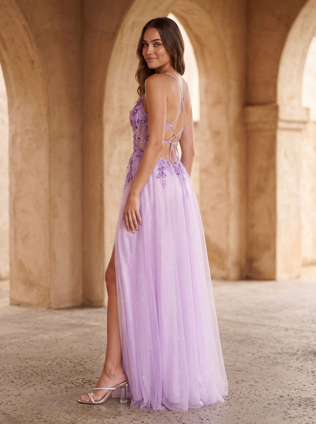 Lilac Tulle A-Line Sweetheart Lace-up Floor-Length Dress with Embroidered Corset - Curvevia