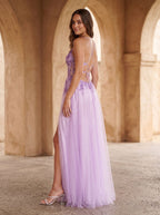 Lilac Tulle A-Line Sweetheart Lace-up Floor-Length Dress with Embroidered Corset - Curvevia
