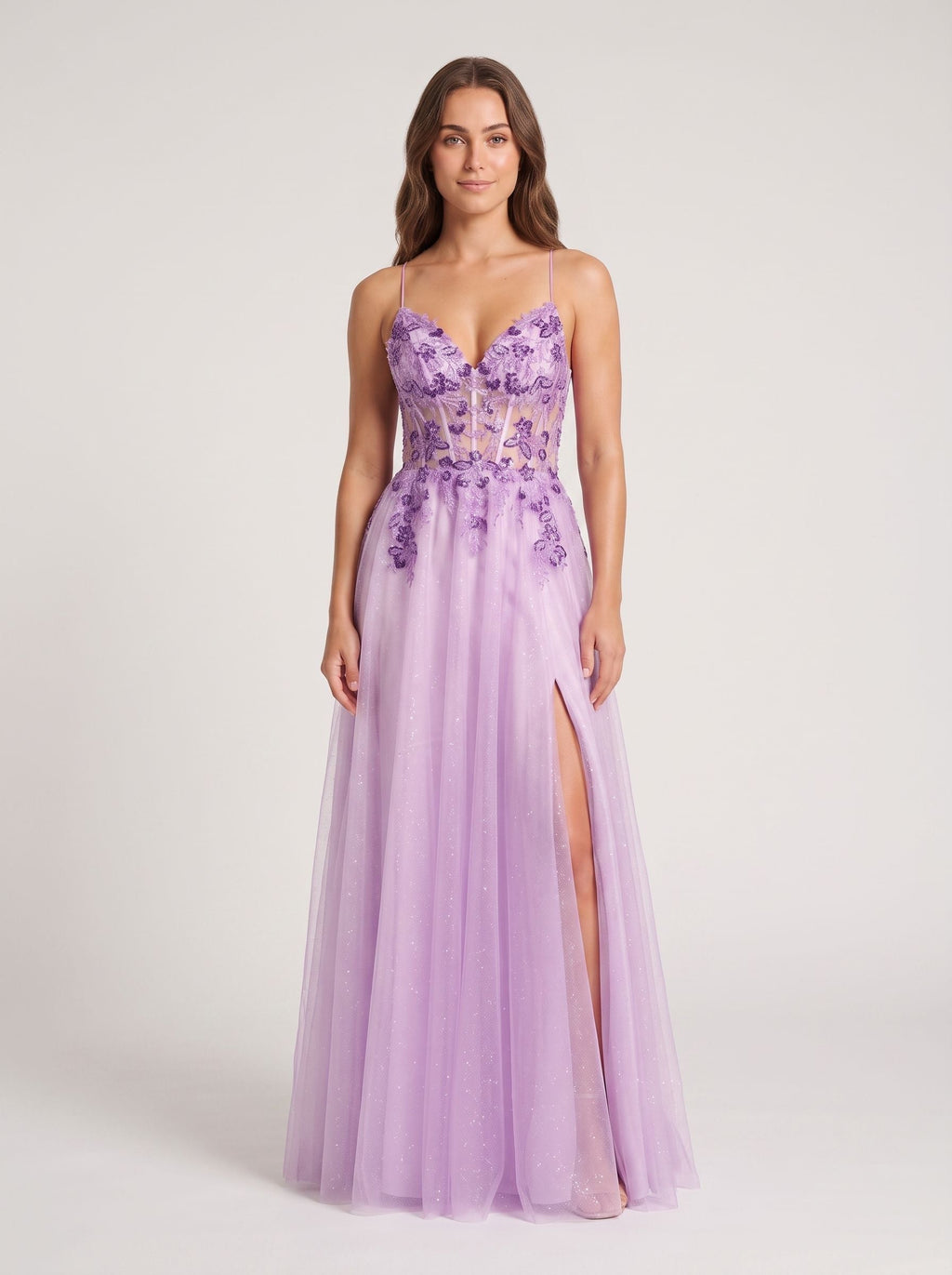 Lilac Tulle A-Line Sweetheart Lace-up Floor-Length Dress with Embroidered Corset - Curvevia