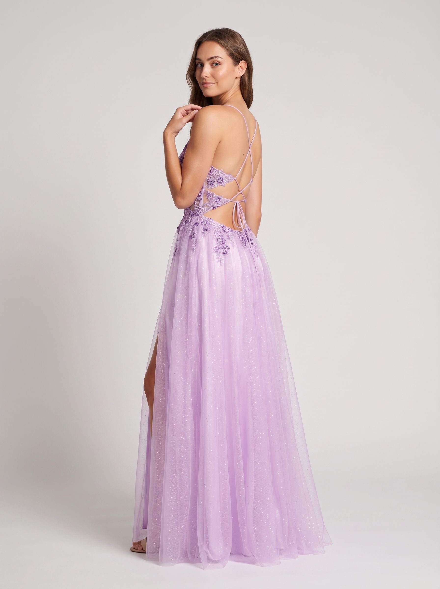 Lilac Tulle A-Line Sweetheart Lace-up Floor-Length Dress with Embroidered Corset - Curvevia