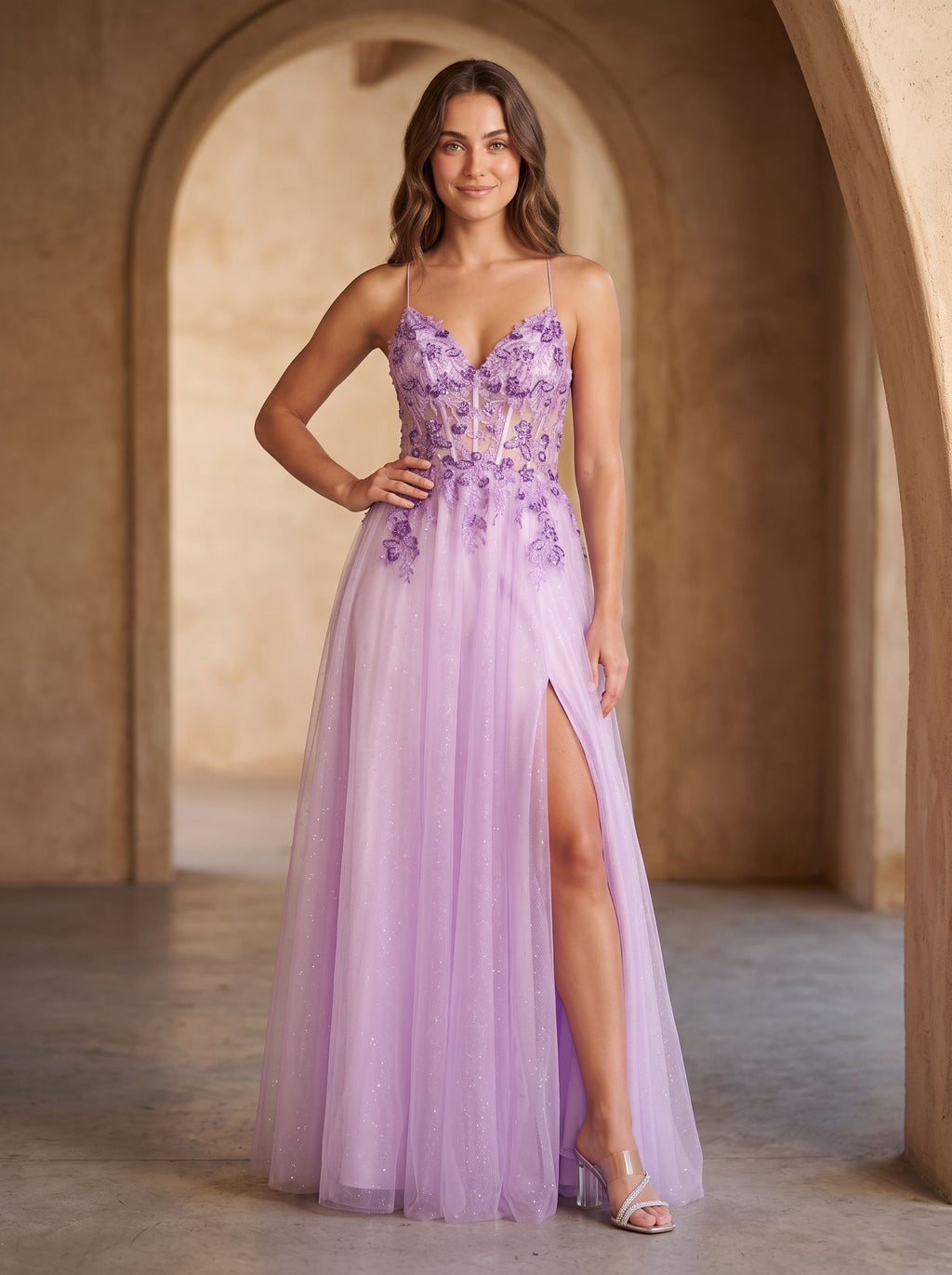 Lilac Tulle A-Line Sweetheart Lace-up Floor-Length Dress with Embroidered Corset - Curvevia