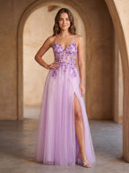 Lilac Tulle A-Line Sweetheart Lace-up Floor-Length Dress with Embroidered Corset - Curvevia