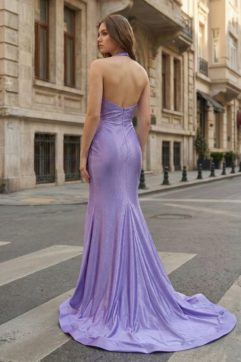 Lilac Halter Mermaid Beaded Satin Long Prom Dresses With Slit - Curvevia