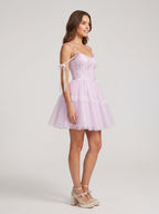 Lilac Satin A-Line Off-the-Shoulder Criss-Cross Straps Short Dress with 3D Flower - Curvevia