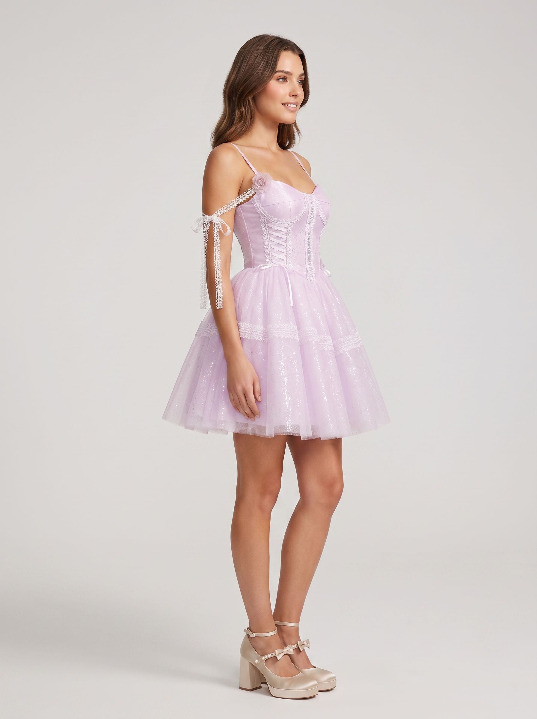 Lilac Satin A-Line Off-the-Shoulder Criss-Cross Straps Short Dress with 3D Flower - Curvevia