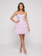 Lilac Satin A-Line Off-the-Shoulder Criss-Cross Straps Short Dress with 3D Flower - Curvevia
