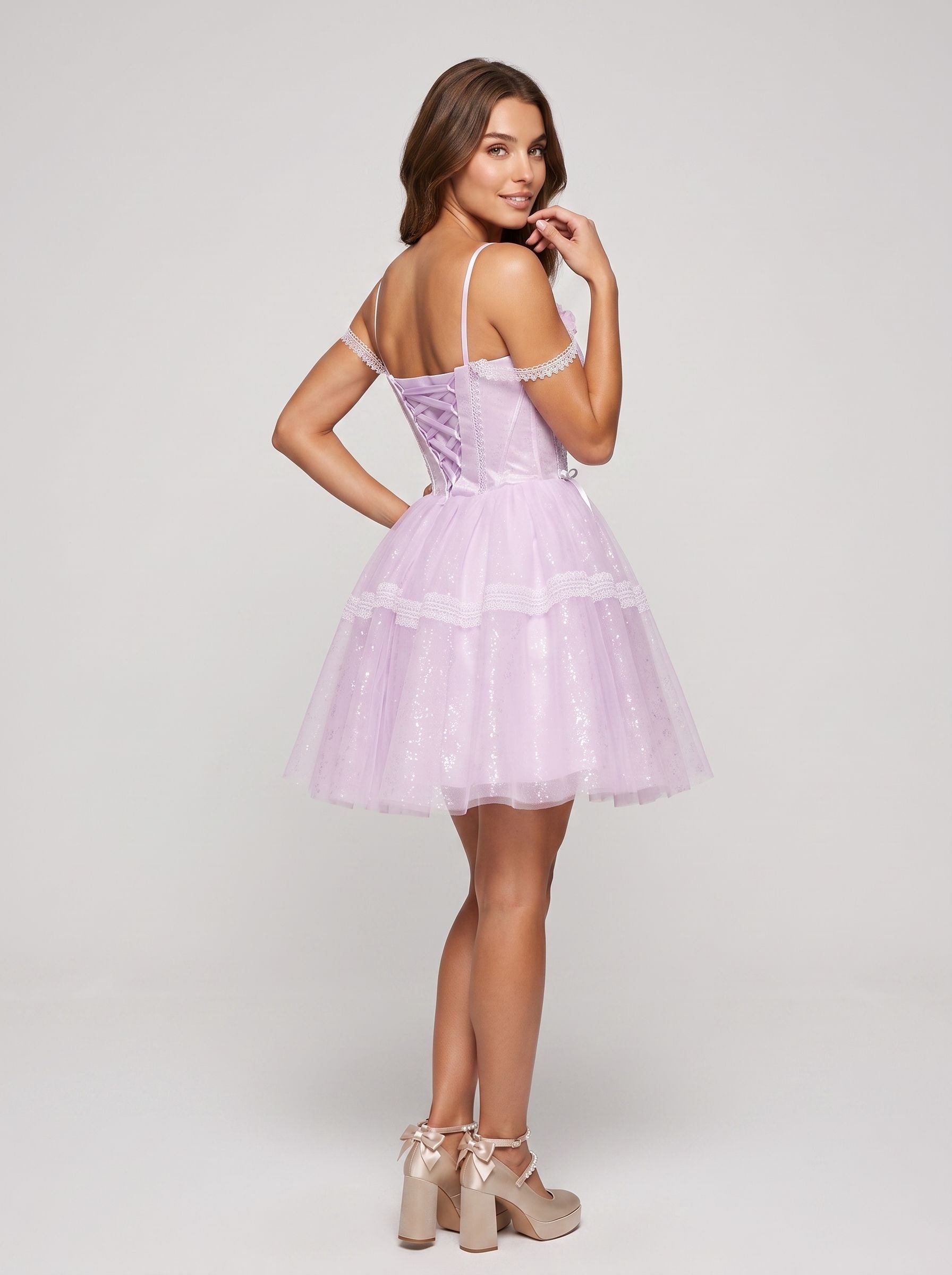 Lilac Satin A-Line Off-the-Shoulder Criss-Cross Straps Short Dress with 3D Flower - Curvevia