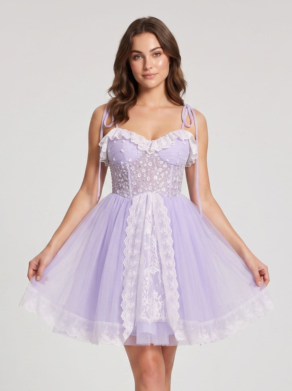Wisteria Tulle A-Line Sweetheart Lace-up Short Dress with Tie Shoulders - Curvevia