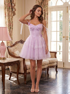 Lilac Satin A-Line Off-the-Shoulder Criss-Cross Straps Short Dress with 3D Flower - Curvevia