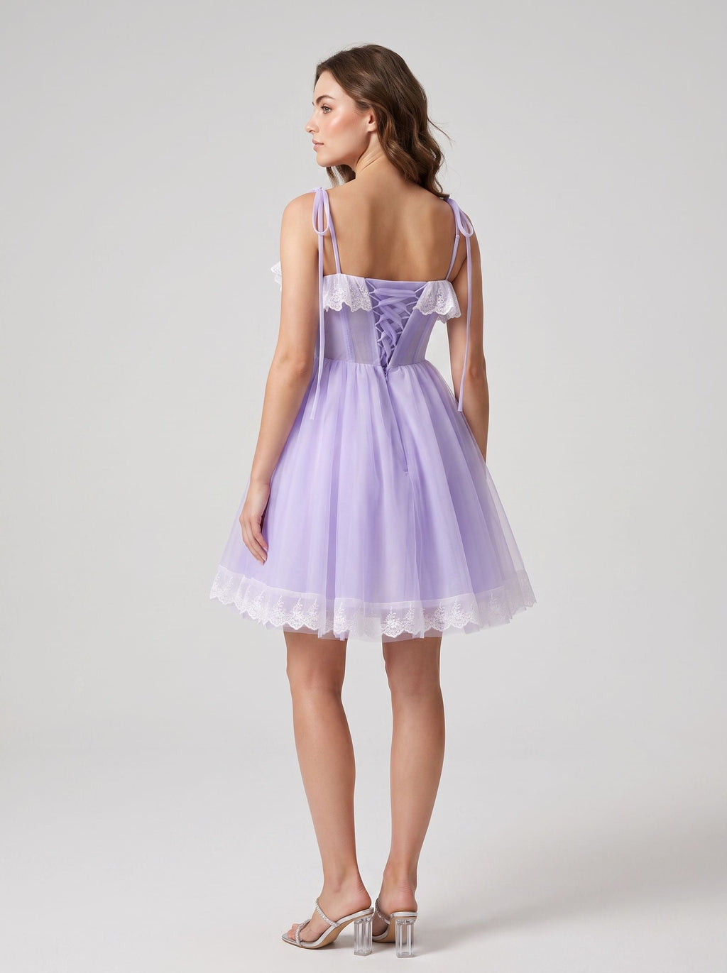 Wisteria Tulle A-Line Sweetheart Lace-up Short Dress with Tie Shoulders - Curvevia