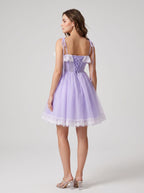 Wisteria Tulle A-Line Sweetheart Lace-up Short Dress with Tie Shoulders - Curvevia