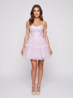 Lilac Satin A-Line Off-the-Shoulder Criss-Cross Straps Short Dress with 3D Flower - Curvevia
