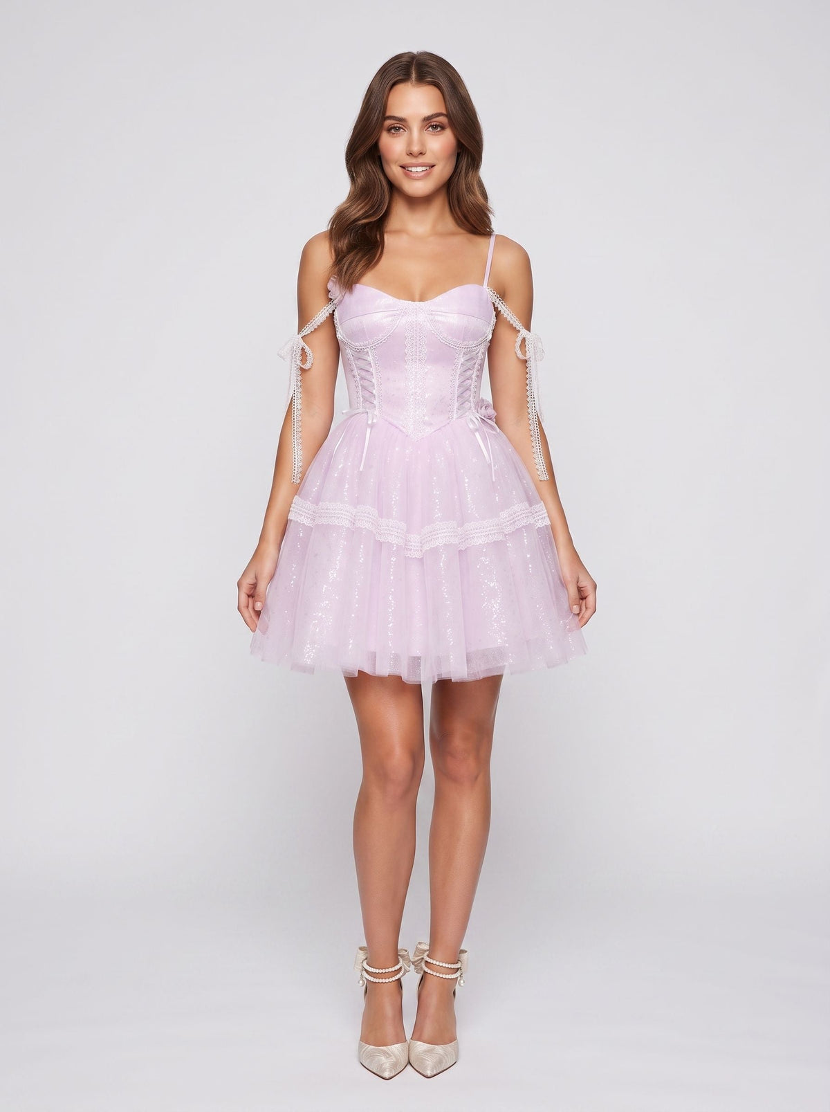 Lilac Satin A-Line Off-the-Shoulder Criss-Cross Straps Short Dress with 3D Flower - Curvevia