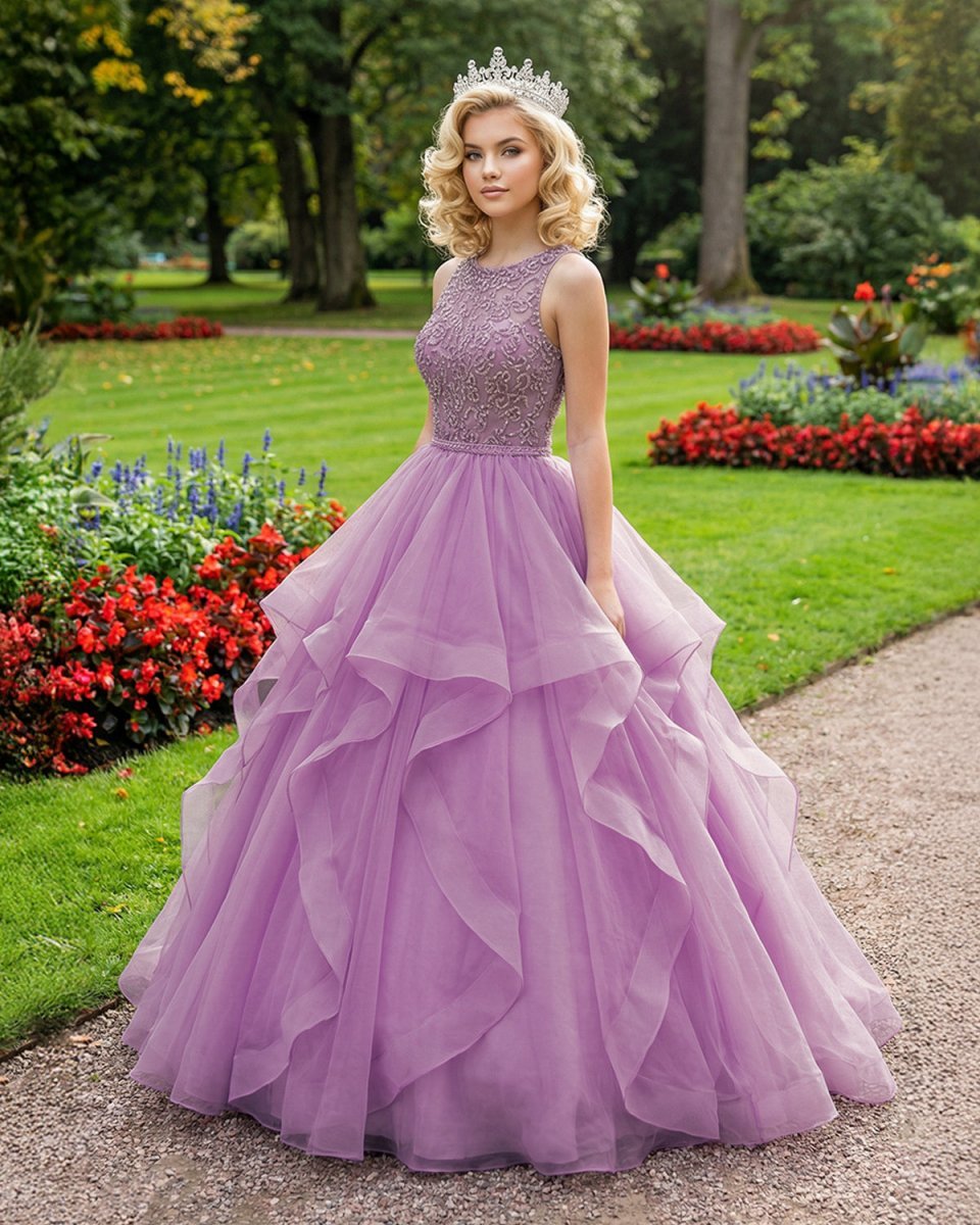 Lilac Lace Beaded Long Organza Quinceanera Ball Gowns - Curvevia