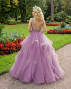Lilac Lace Beaded Long Organza Quinceanera Ball Gowns - Curvevia