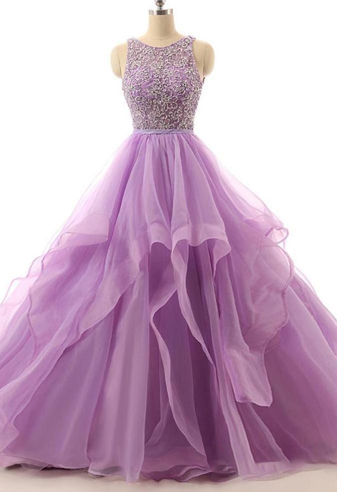 Lilac Lace Beaded Long Organza Quinceanera Ball Gowns - Curvevia