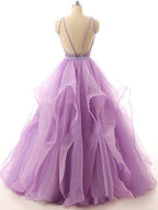 Lilac Lace Beaded Long Organza Quinceanera Ball Gowns - Curvevia