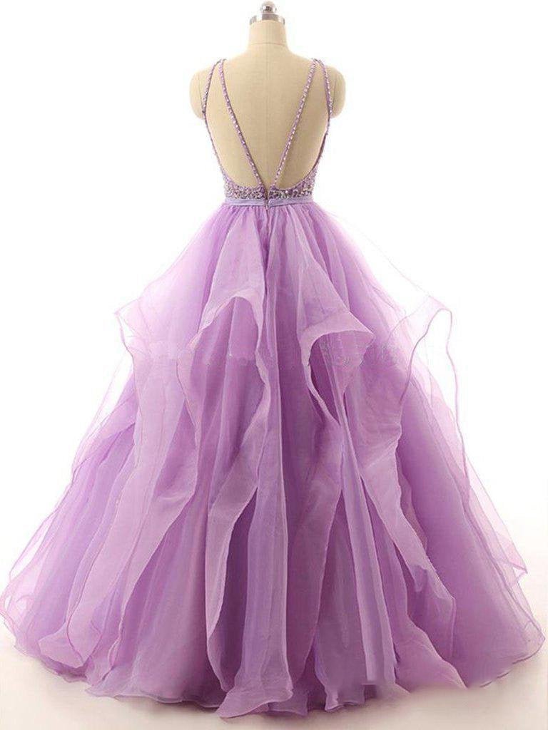 Lilac Lace Beaded Long Organza Quinceanera Ball Gowns - Curvevia