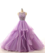 Lilac Lace Beaded Long Organza Quinceanera Ball Gowns - Curvevia
