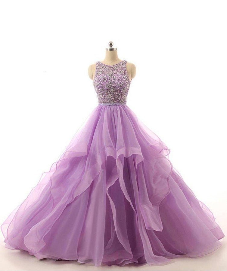 Lilac Lace Beaded Long Organza Quinceanera Ball Gowns - Curvevia