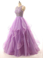 Lilac Lace Beaded Long Organza Quinceanera Ball Gowns - Curvevia