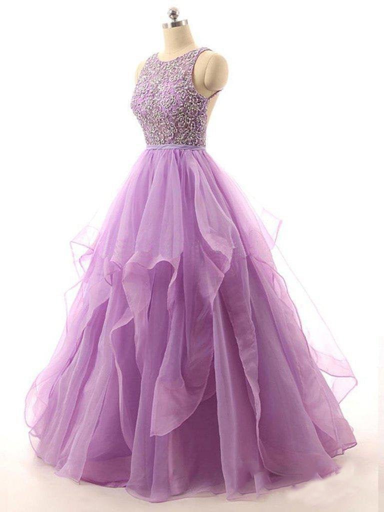 Lilac Lace Beaded Long Organza Quinceanera Ball Gowns - Curvevia